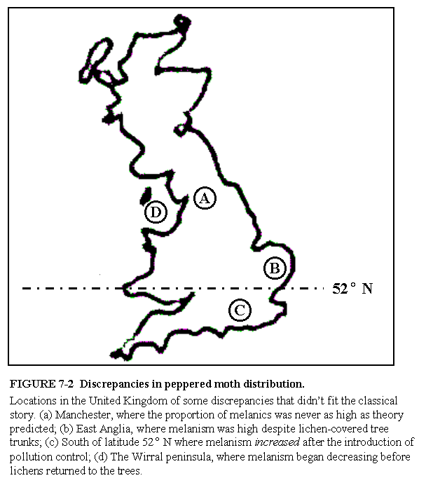 Wells Figure 7.2, map of 'discrepancies' in the frequency of melanic and typical moths